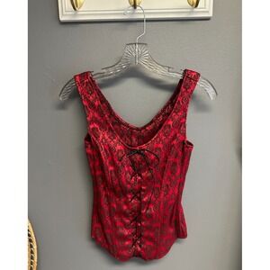 Fredericks of Hollywood Size M Corset Top Red Damask Lace Up‎ Bustier Gothic Y2K